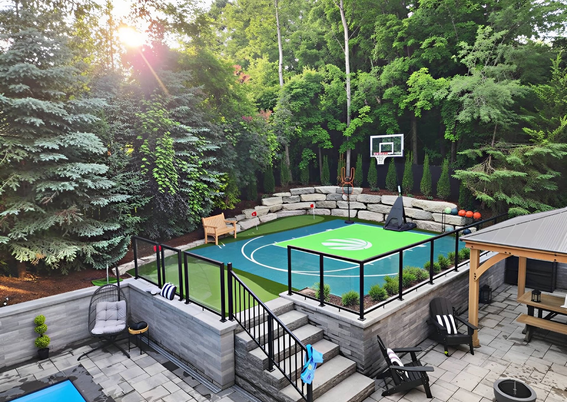 Hardscape installation around a custom backyard basketball court