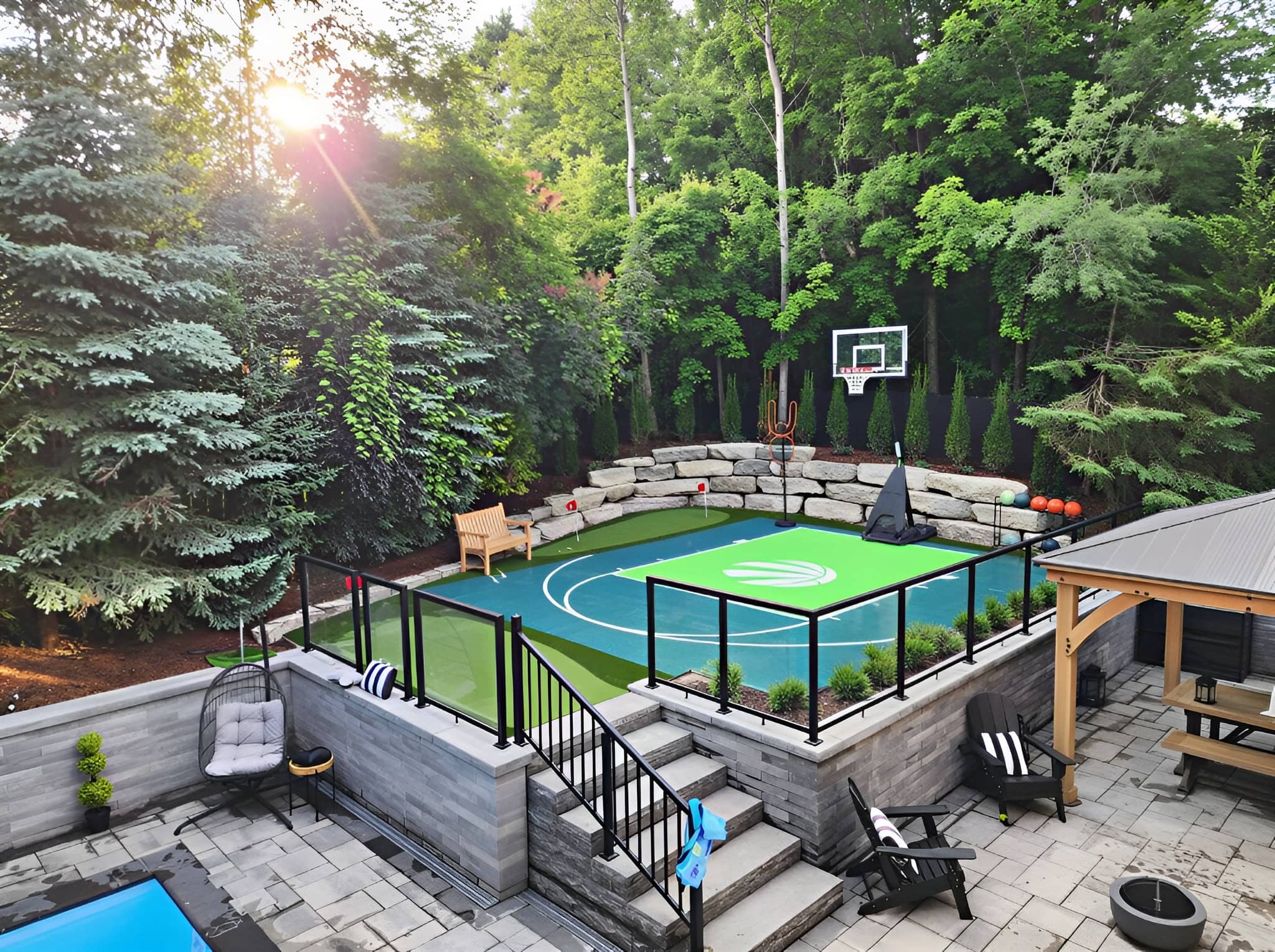 Hardscape installation around a custom backyard basketball court